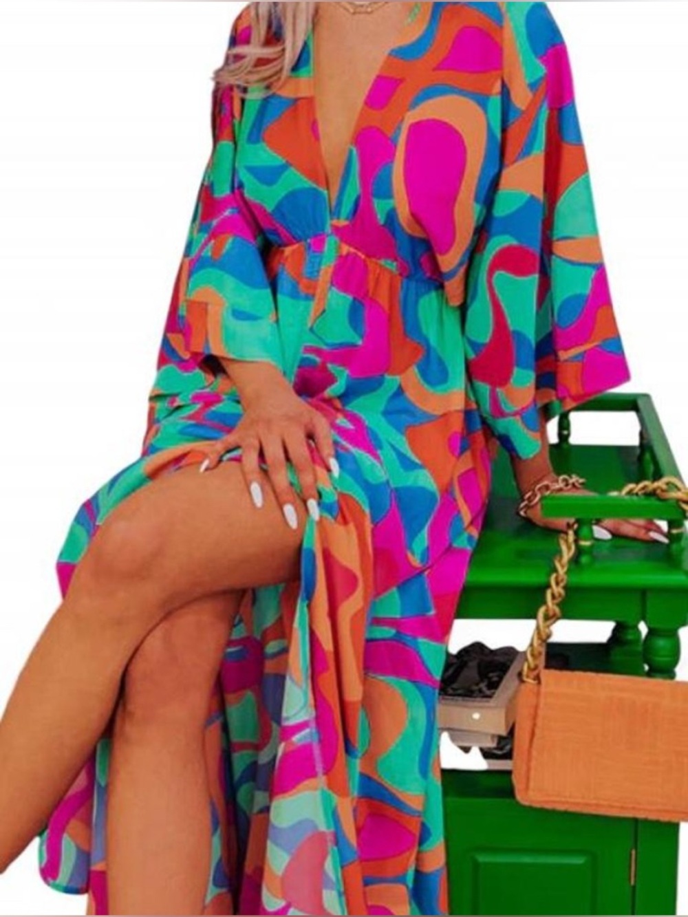 Tyche Abstract Print Kimono Maxi Dress Size Small - Vibrant EUC